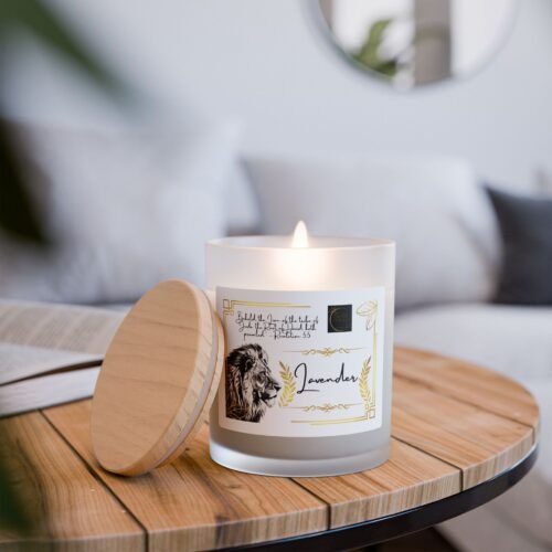 The Israelite Merchant™ Lavender Scented Frosted Candle, 11oz with Bible Scripture Revelation 5:5