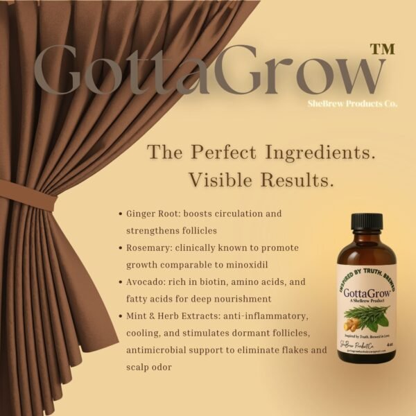 Gold GottaGrow #3 Product Picture GottaGrow™ Hair & Scalp Growth Oil by SheBrew Product Co. — premium 4oz bottle on a gold background featuring natural hair growth ingredients