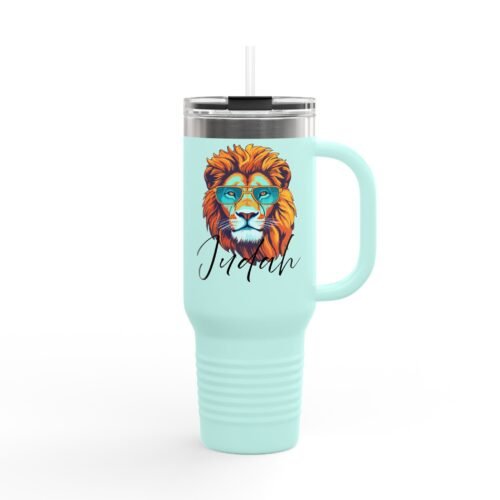 "Judah™" Stainless Travel Mug with Handle & Straw (40oz – Aqua Steel) By The Israelite Merchant™