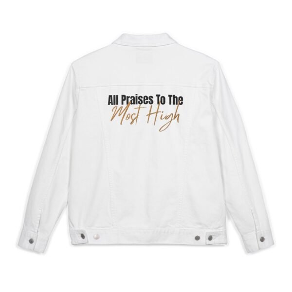 "All Praises to the Most High" Denim Jacket | White Denim & Classic Blue | Unisex | Embroidered | Set-Apart Statement Piece