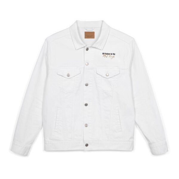 "All Praises to the Most High" Denim Jacket | White Denim & Classic Blue | Unisex | Embroidered | Set-Apart Statement Piece